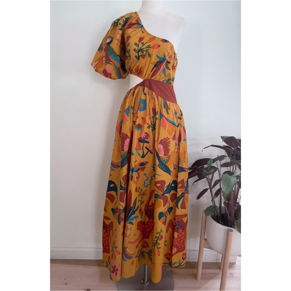 NWT Anthropologie Farm Rio Birds Leopard Floral One-Shoulder Maxi Cut Our Dress  - Picture 2 of 11